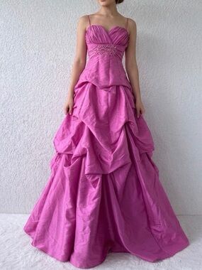 Strapless Pink Ball Gown Dress with Ruching and Embellished Bodice